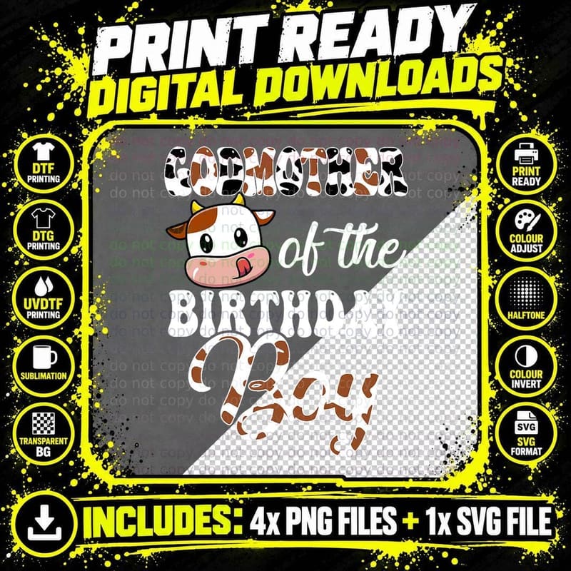 Godmother of the Birthday Boy Cow T-Shirt Png SVG Digital Bundle