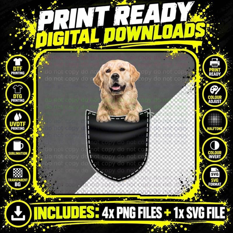 Golden Retriever in Pocket T-Shirt, Pet Lover Apparel Png SVG Digital Bundle