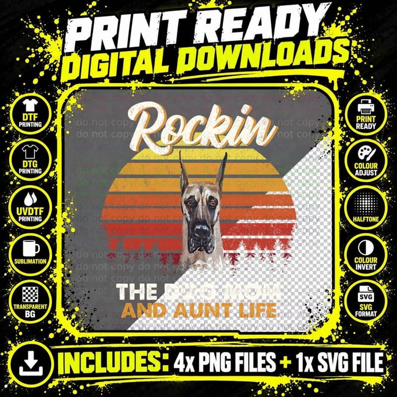 Great Dane T-Shirt, Retro Sunset Style, Dog Mom Apparel Png SVG Digital Bundle