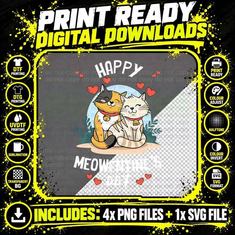 Happy Meowentines Valentines Day Cute Cat Kitten Vday Png SVG Digital Bundle