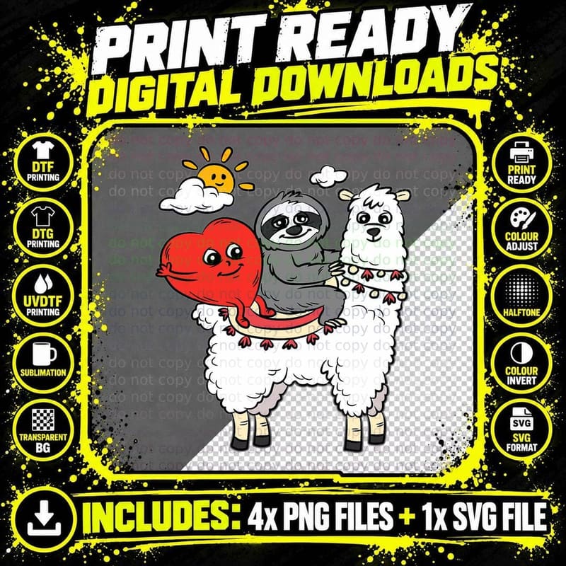 Hear Sloth Riding Llama Valentines Day Cute Animal Love Png SVG Digital Bundle