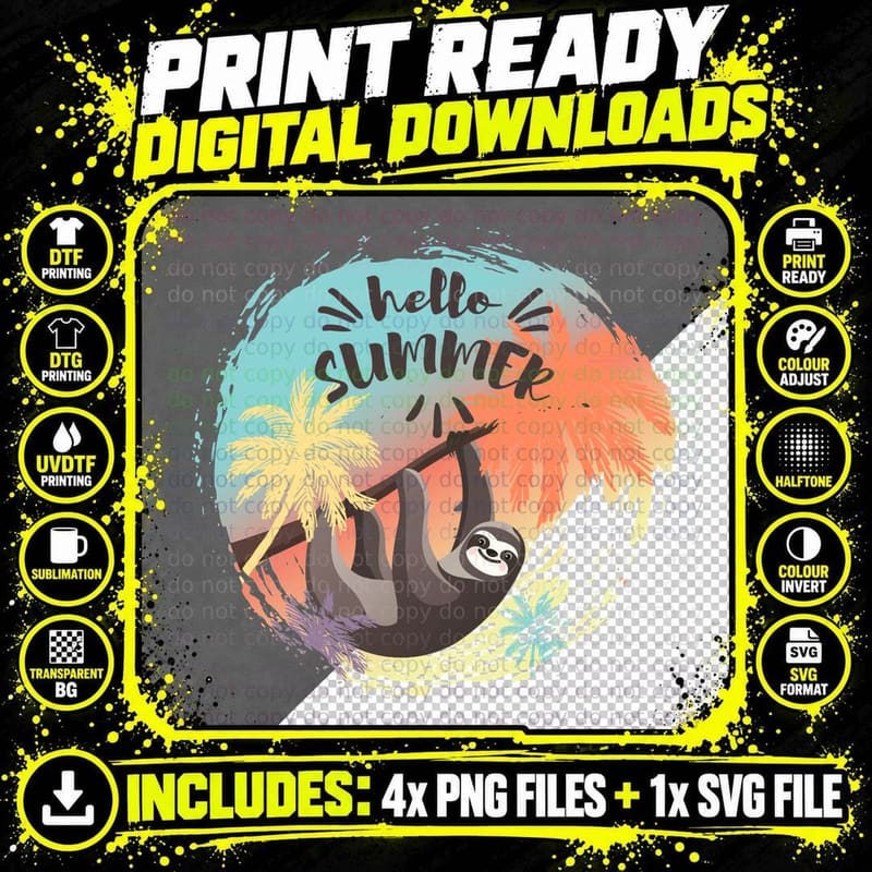 Hello Summer Sloth T-Shirt, Tropical Vibes Png SVG Digital Bundle