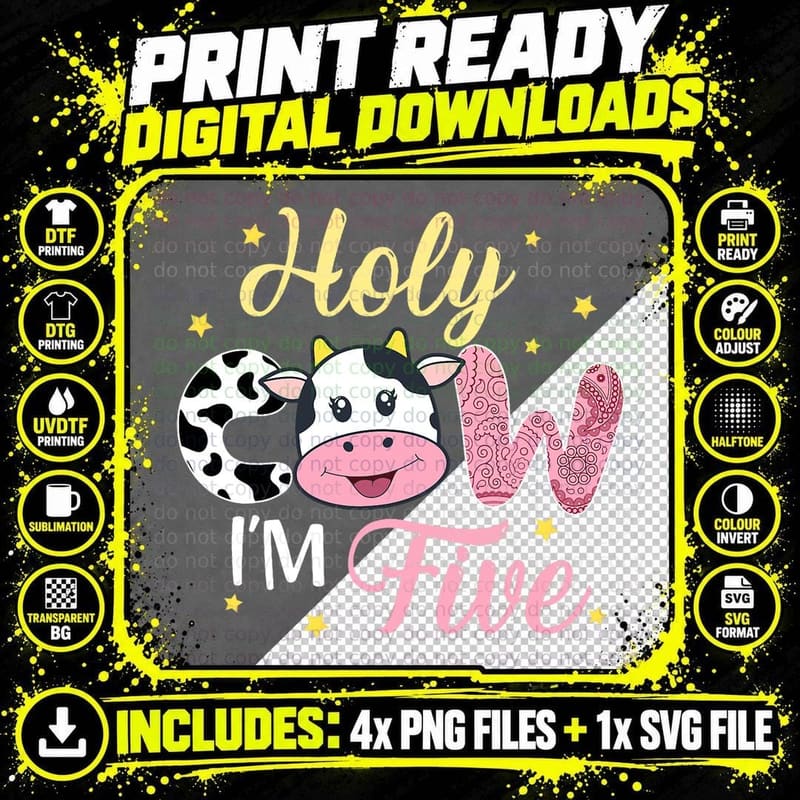 Holy Cow I'm Five Birthday T-Shirt, Farm Theme Png SVG Digital Bundle