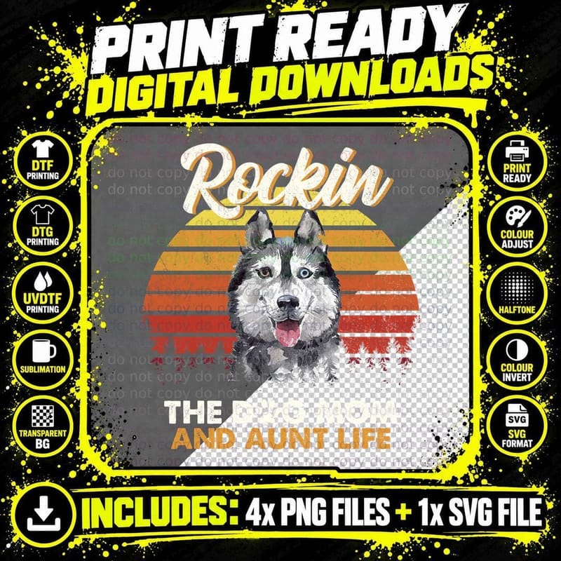Husky T-Shirt, Retro Sunset Design, Dog Mom Apparel Png SVG Digital Bundle