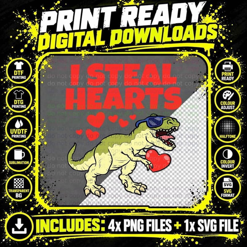 I Steal Hearts Valentines Day Cute T-Rex Love Dinosaur Png SVG Digital Bundle
