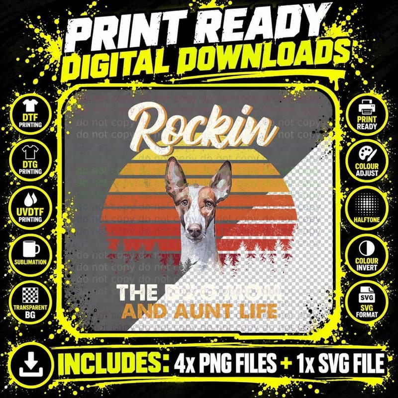 Ibizan Hound T-Shirt, Retro Sunset Style, Dog Mom Apparel Png SVG Digital Bundle