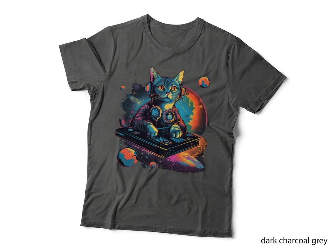 Intergalactic Cosmic DJ Cat -Vibrant Retro-Futuristic Whimsy T-Shirt