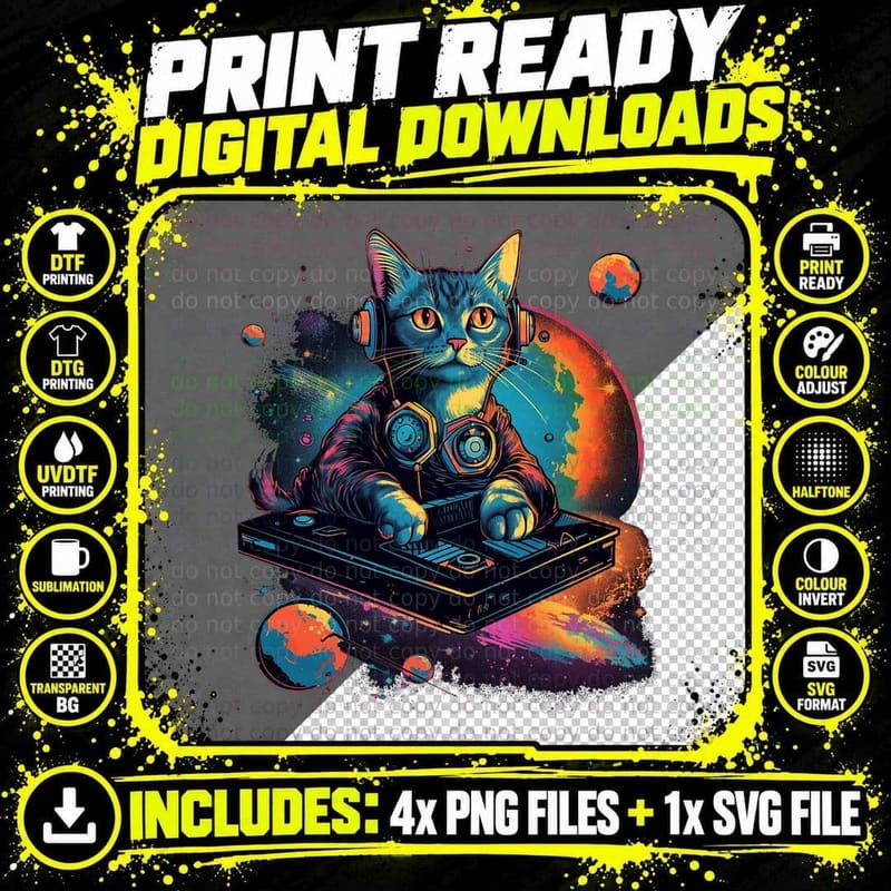 Intergalactic Cosmic DJ Cat -Vibrant Retro-Futuristic Png SVG Digital Bundle