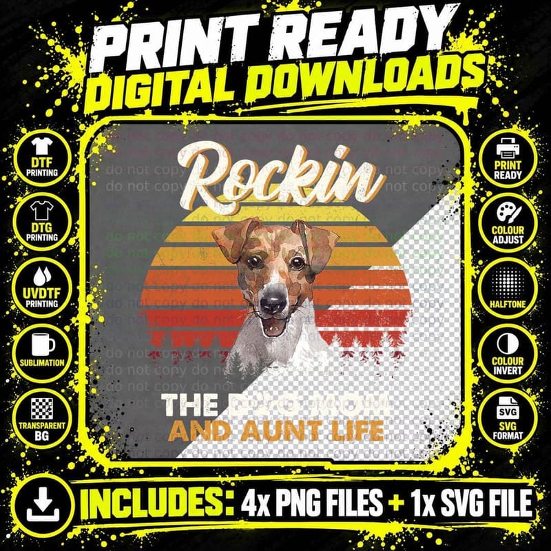 Jack Russell Terrier T-Shirt, Retro Sunset Style Png SVG Digital Bundle