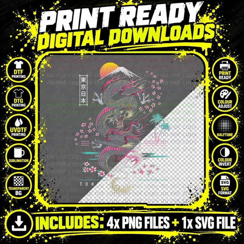 Japanese Tokyo Dragon Asian Inspired Retro 80's Style Png SVG Digital Bundle