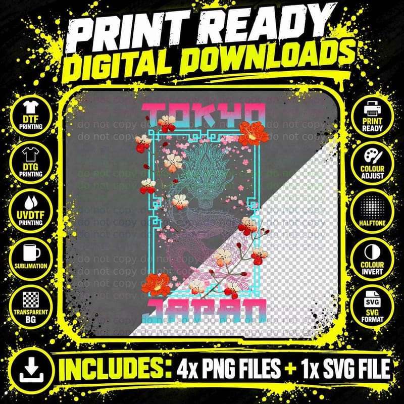 Japanese Tokyo Dragon Japan Asian Retro 80's T-Shirt Png SVG Digital Bundle