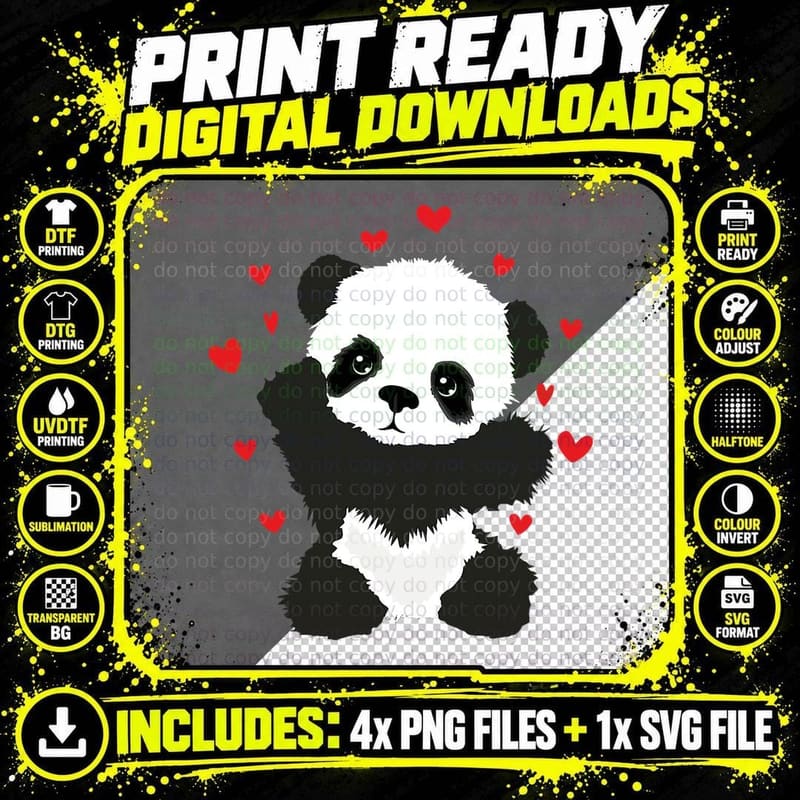Kids Cute Panda Bear Love Hearts Valentines Day Gift Png SVG Digital Bundle