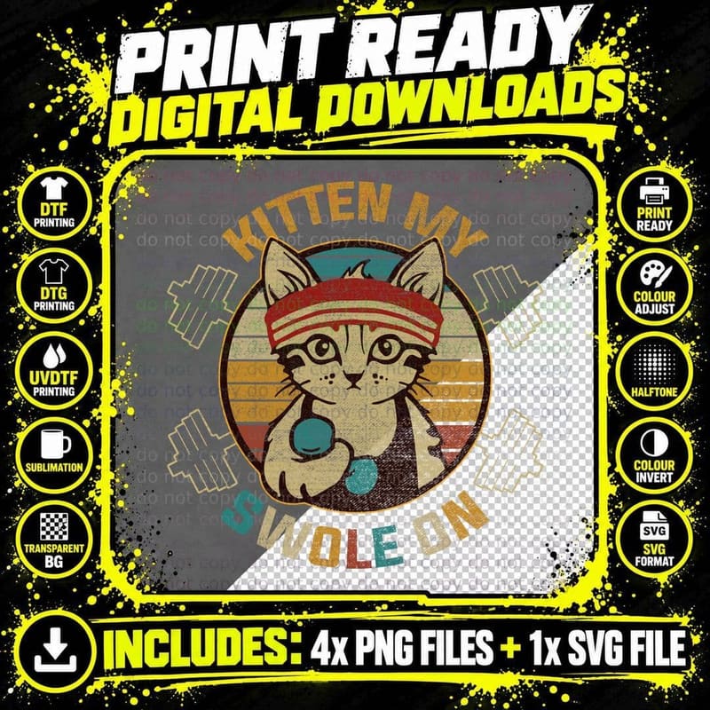 Kitten My Swole on T-Shirt, Fitness Cat Apparel Png SVG Digital Bundle