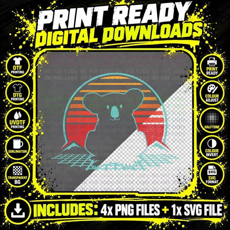 Koala Bear Retro Vintage 80s Style Animal Lover Gift Png SVG Digital Bundle