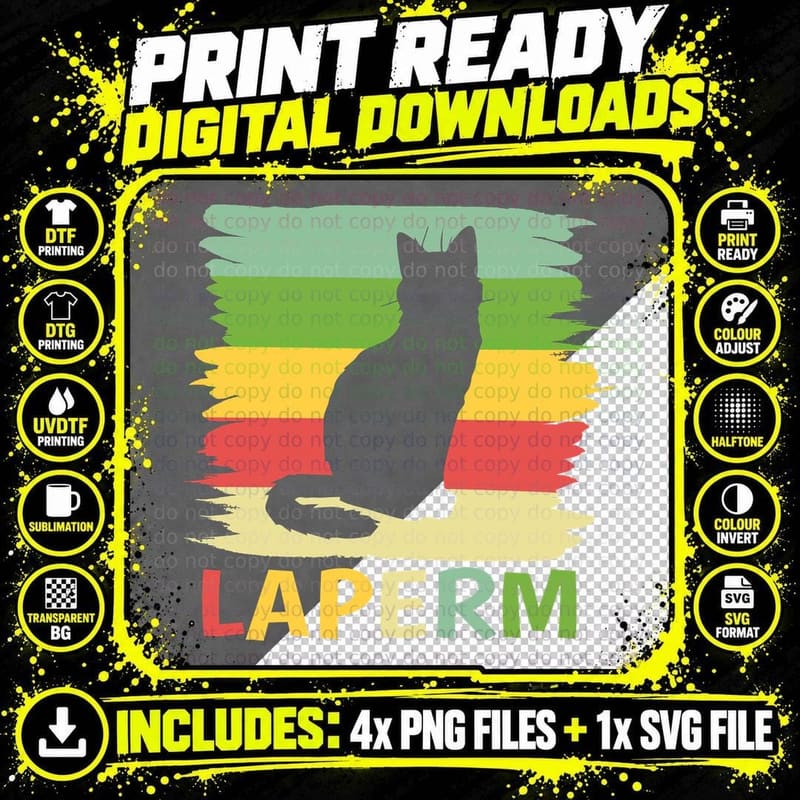 Laperm Cat Silhouette T-Shirt, Retro Rainbow Stripes Png SVG Digital Bundle