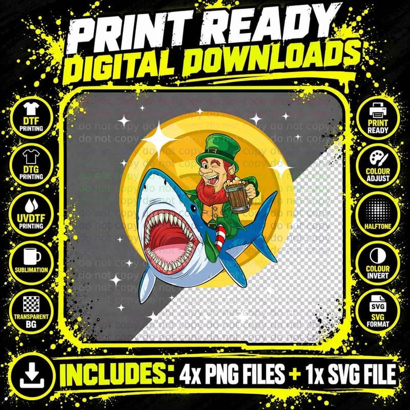 Leprechaun Riding Shark T-Shirt, St Patricks Day Png SVG Digital Bundle