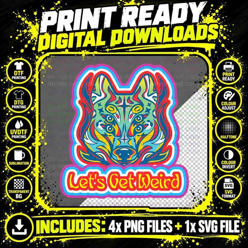 Let's Get Weird Retro Cosmic Mindfulness Wolf Mind's Eye Png SVG Digital Bundle