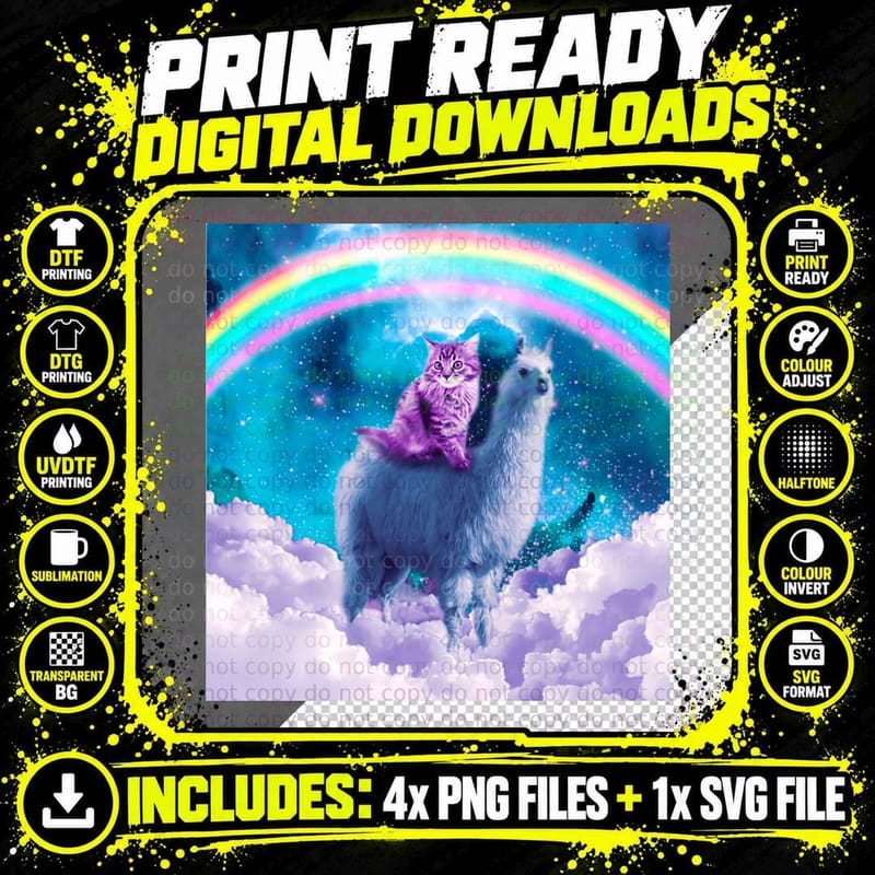 Llama and Cat T-Shirt, Fantasy Art Print Png SVG Digital Bundle