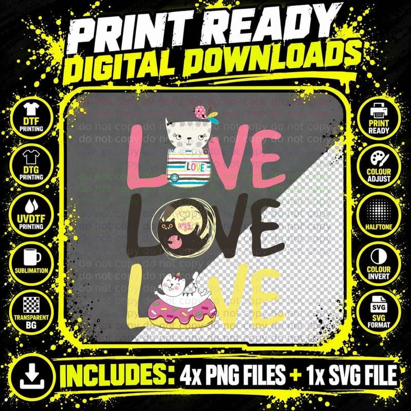 Love Cute Cat Donut T-Shirt, Whimsical Cat Print Png SVG Digital Bundle