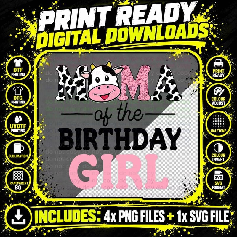 Mama of the Birthday Girl Cow Farm T-Shirt Png SVG Digital Bundle