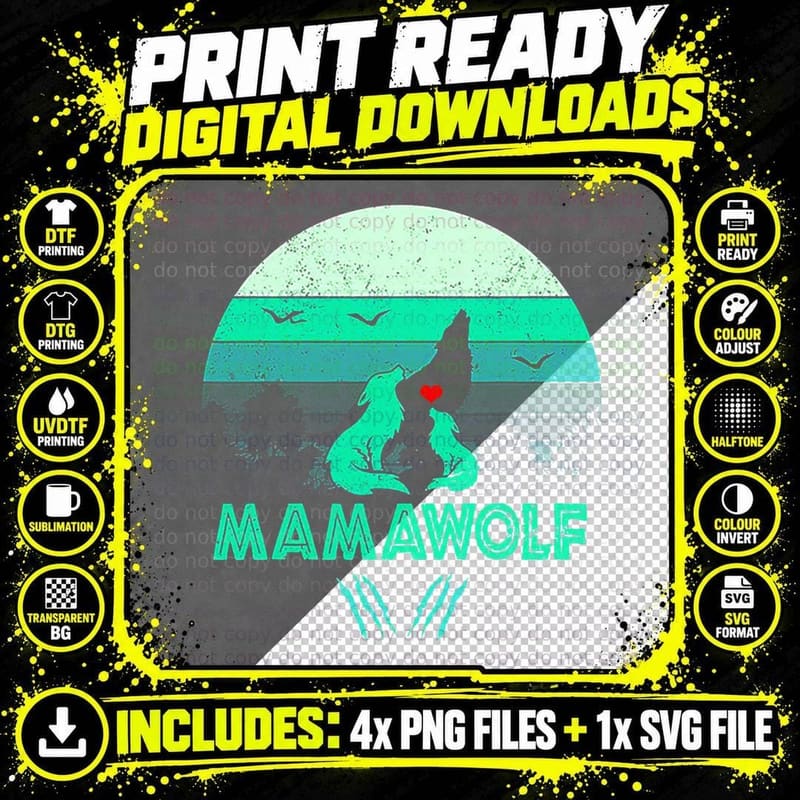 Mamawolf Funny Wolf Mama Retro Vintage Sunset T-Shirt Png SVG Digital Bundle