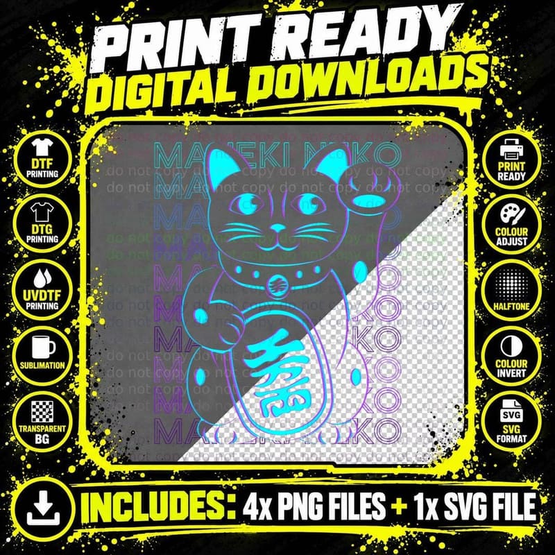 Maneki Neko Cat Japanese Lucky Cat Retro T-Shirt Png SVG Digital Bundle
