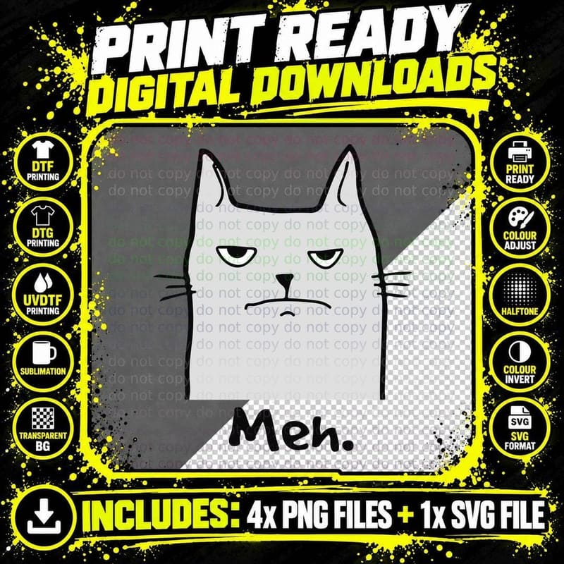 Meh Cat T-Shirt, Sarcasm Humor Style, Pet Lover Apparel Png SVG Digital Bundle