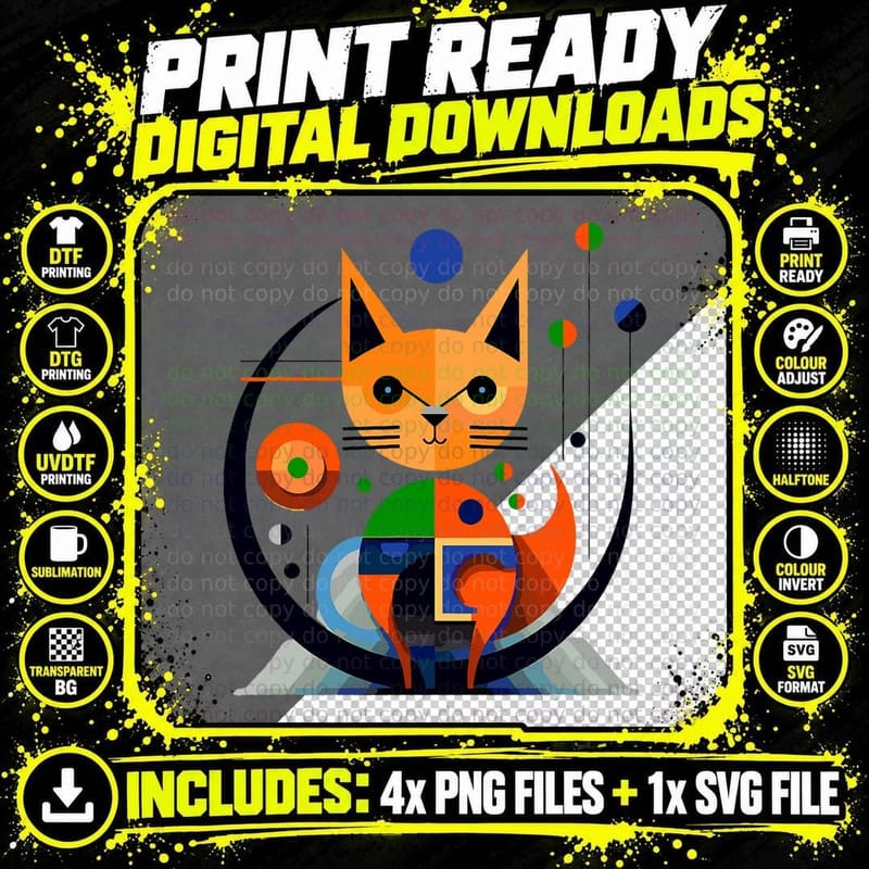 Midcentury Cat Retro Vintage Art Modern Atomic Moon Png SVG Digital Bundle