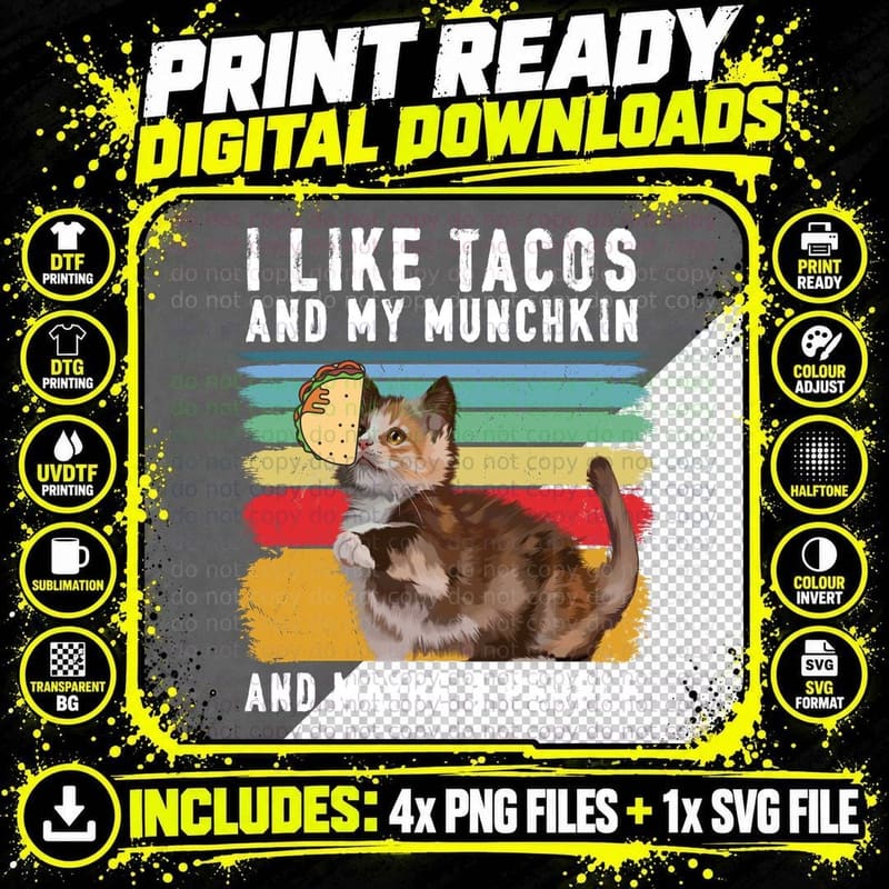 Munchkin Cat Taco T-Shirt, Quirky Animal Print Png SVG Digital Bundle
