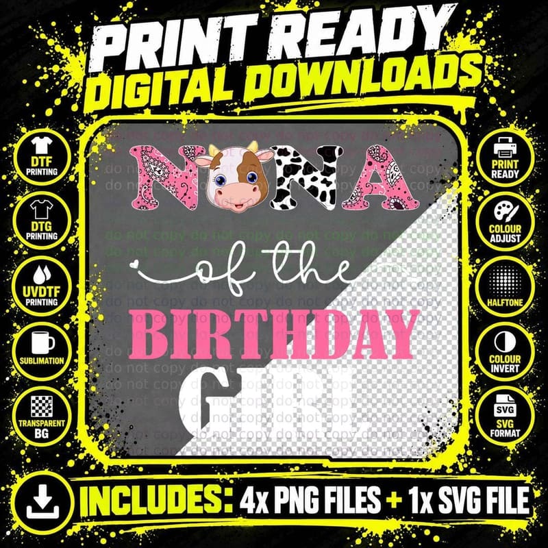 Nana of the Birthday Cow Farm Girl T-Shirt Png SVG Digital Bundle