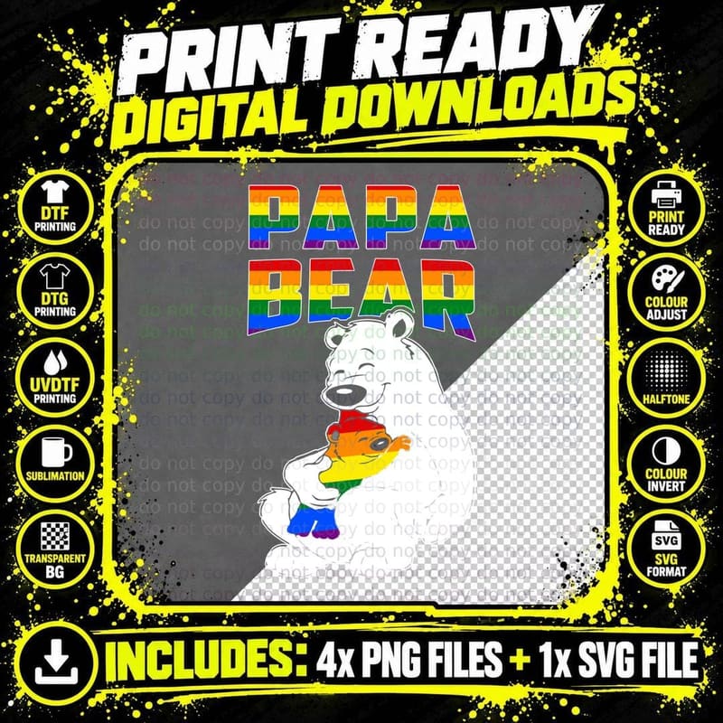 Papa Bear LGBT Pride T-Shirt, Rainbow Gay Apparel Png SVG Digital Bundle