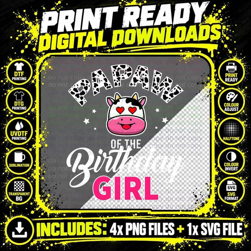 Papaw of the Birthday Girl Cow Farm T-Shirt Png SVG Digital Bundle