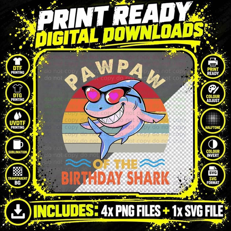 Pawpaw of the Shark Birthday Matching Family T-Shirt Png SVG Digital Bundle