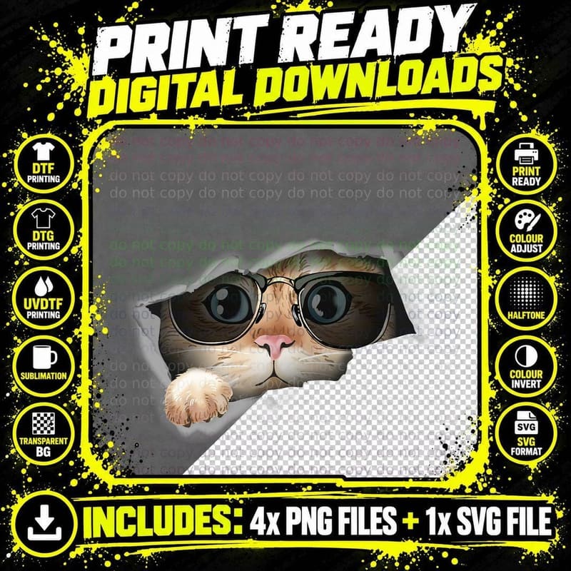 Peeking Cat in Glasses T-Shirt, Cool Animal Print Png SVG Digital Bundle