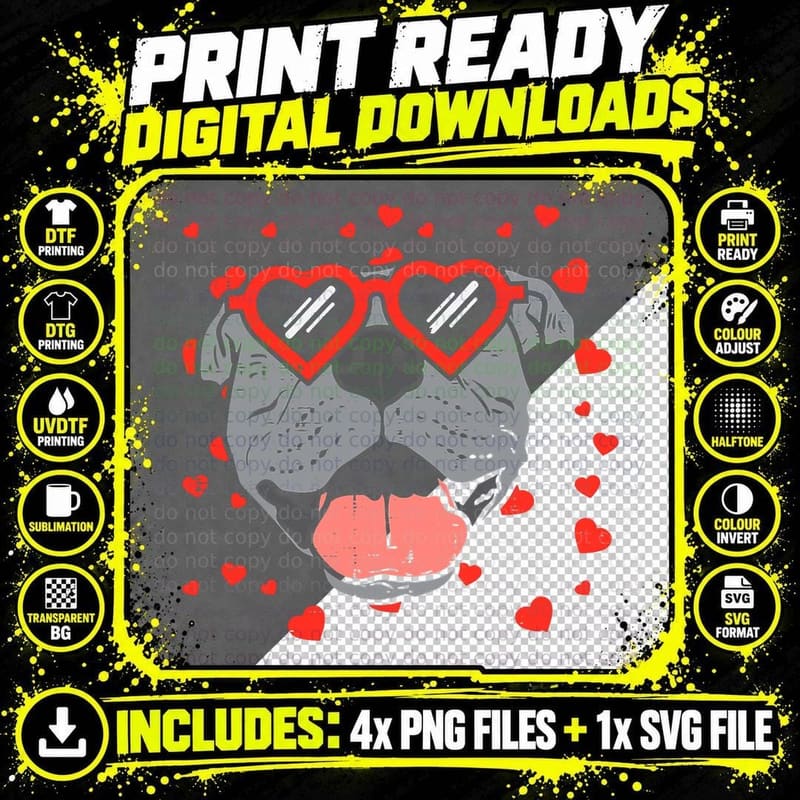 Pitbull Face Heart Glasses Valentines Day Pet Dog Lover Png SVG Digital Bundle