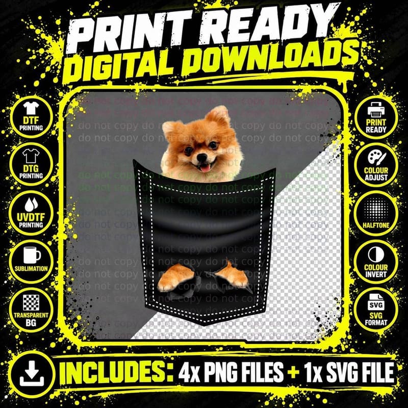 Pomeranian in Pocket T-Shirt, Adorable Dog Print Png SVG Digital Bundle
