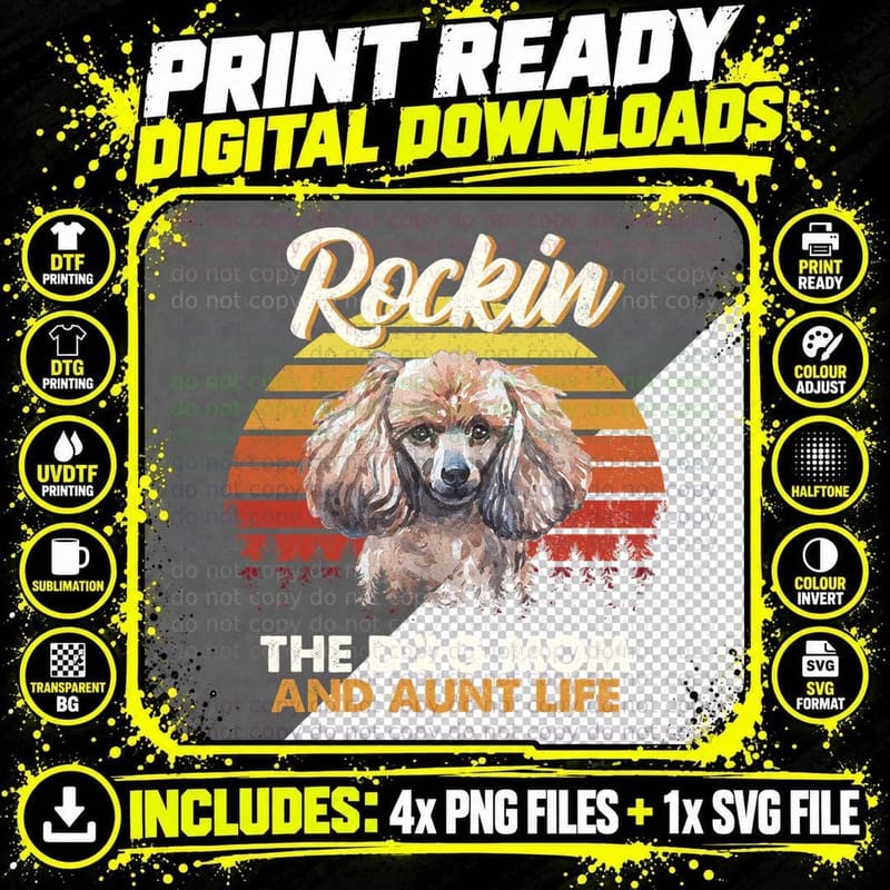 Poodle T-Shirt, Retro Sunset Style, Dog Mom Apparel Png SVG Digital Bundle