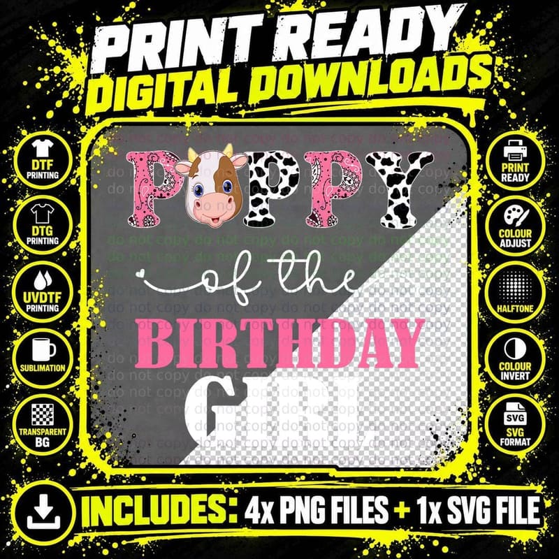 Poppy Cow Farm Birthday T-Shirt, Pink Cow Print Png SVG Digital Bundle