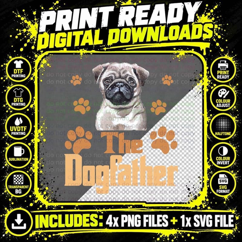Pug Dog Father T-Shirt, Funny Dog Dad Gift Png SVG Digital Bundle
