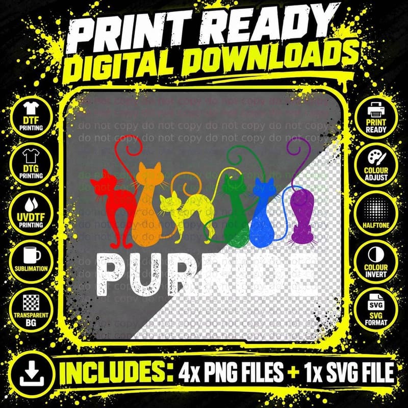 Rainbow Cat Silhouette T-Shirt, Pride Flag Style Png SVG Digital Bundle