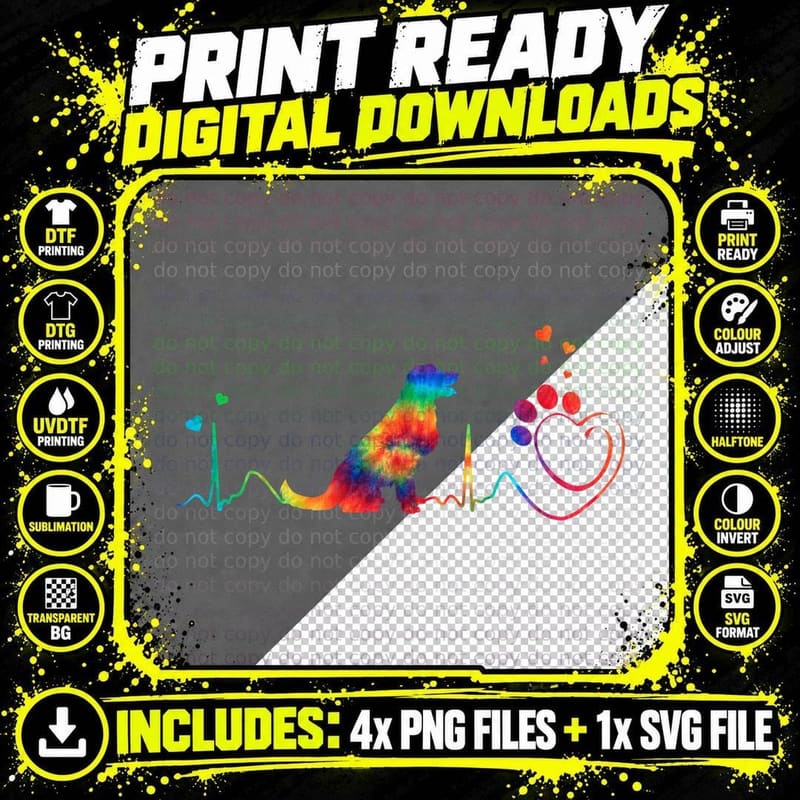 Rainbow Dog Heartbeat T-Shirt, Tie-Dye Pet Lover Apparel Png SVG Digital Bundle