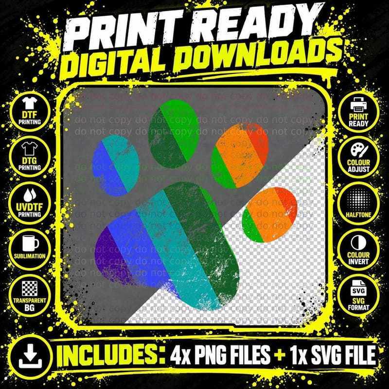 Rainbow Dog Paw Print LGBT Pride Retro Vintage T-Shirt Png SVG Digital Bundle