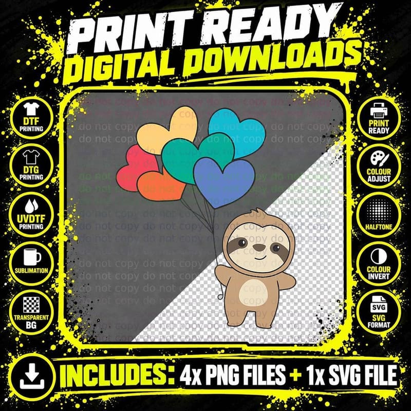 Rainbow Hearts Pride Lgbtq Balloons Sloth T-Shirt Png SVG Digital Bundle