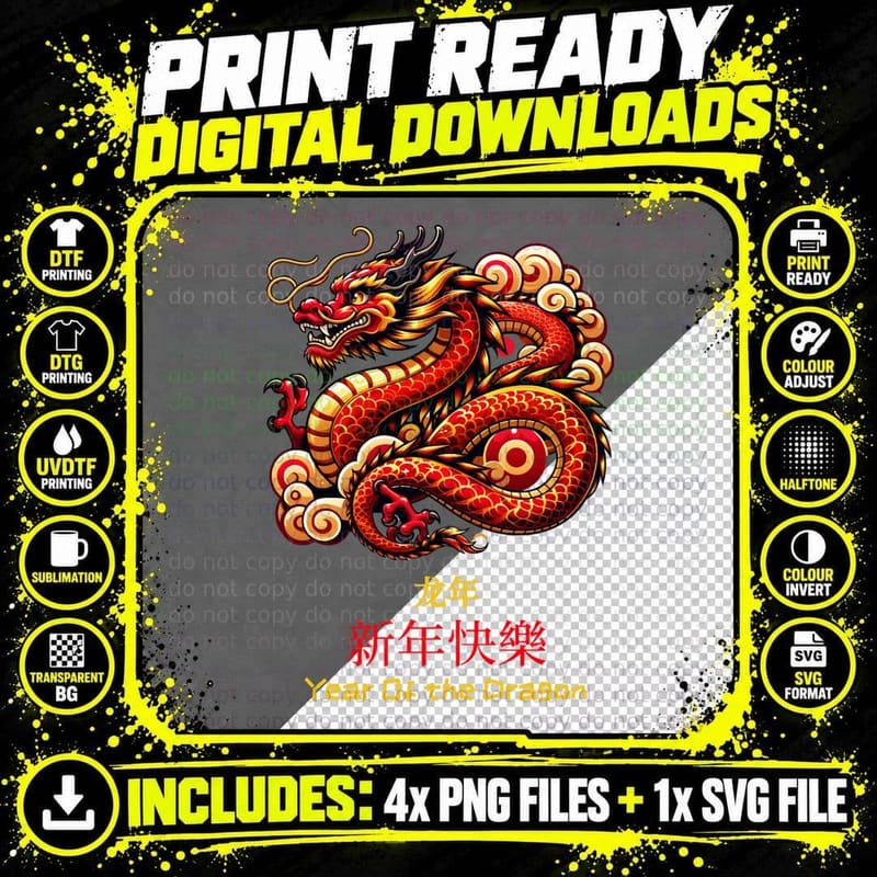 Red and Golden Chinese Lunar New Year Dragon Graphic Png SVG Digital Bundle