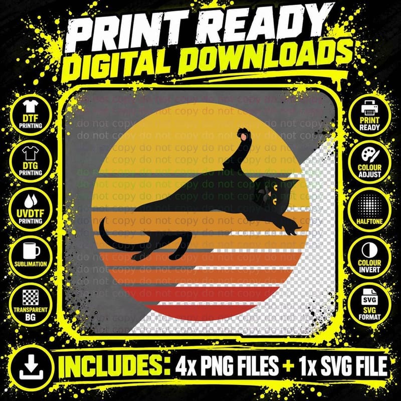 Retro Black Cat T-Shirt, Vintage Sunset Print Png SVG Digital Bundle
