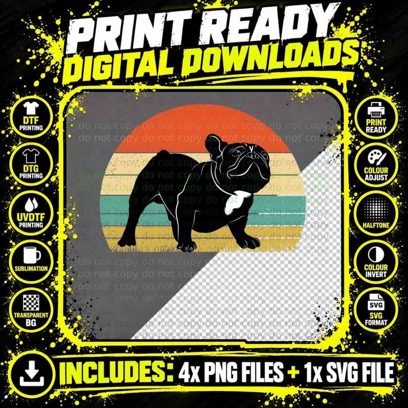 Retro Bulldog T-Shirt, Vintage Dog Print Png SVG Digital Bundle