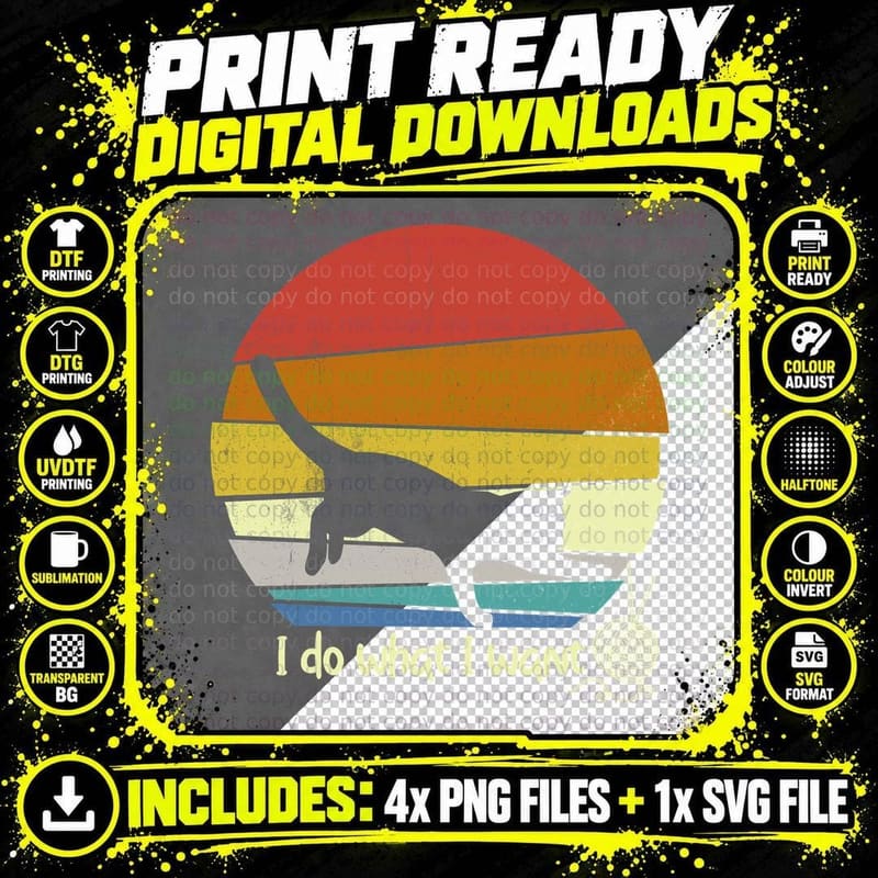 Retro Cat Sunset T-Shirt, I Do What I Want Png SVG Digital Bundle