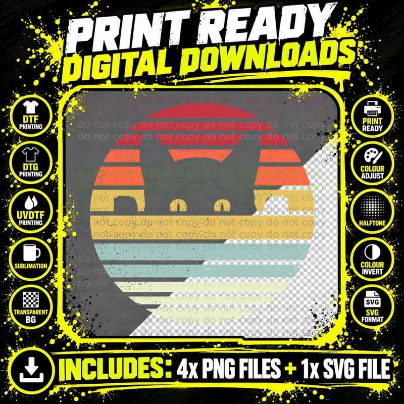 Retro Cat Vintage Sunset T-Shirt, Cat Lover Apparel Png SVG Digital Bundle