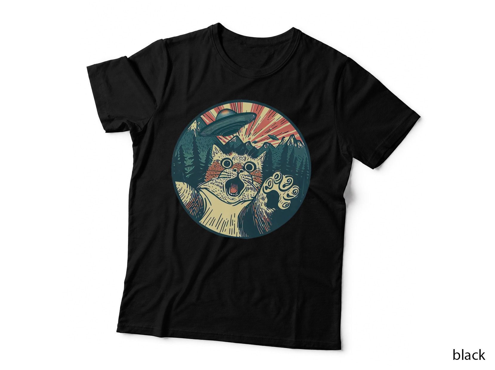 Retro Cat and UFO Alien T-Shirt