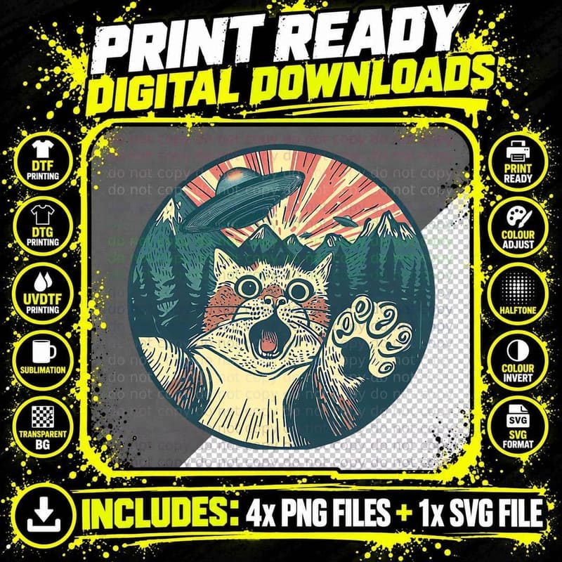 Retro Cat and UFO Alien T-Shirt Png SVG Digital Bundle